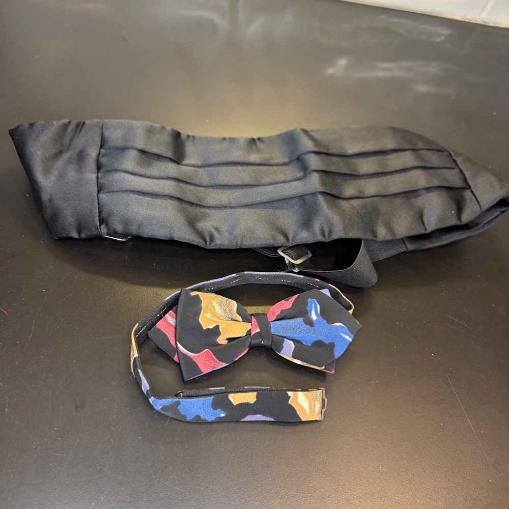 Cummerbund Bow Tie Set Mens One Size Black Multicolor Abstract Formal Tuxedo